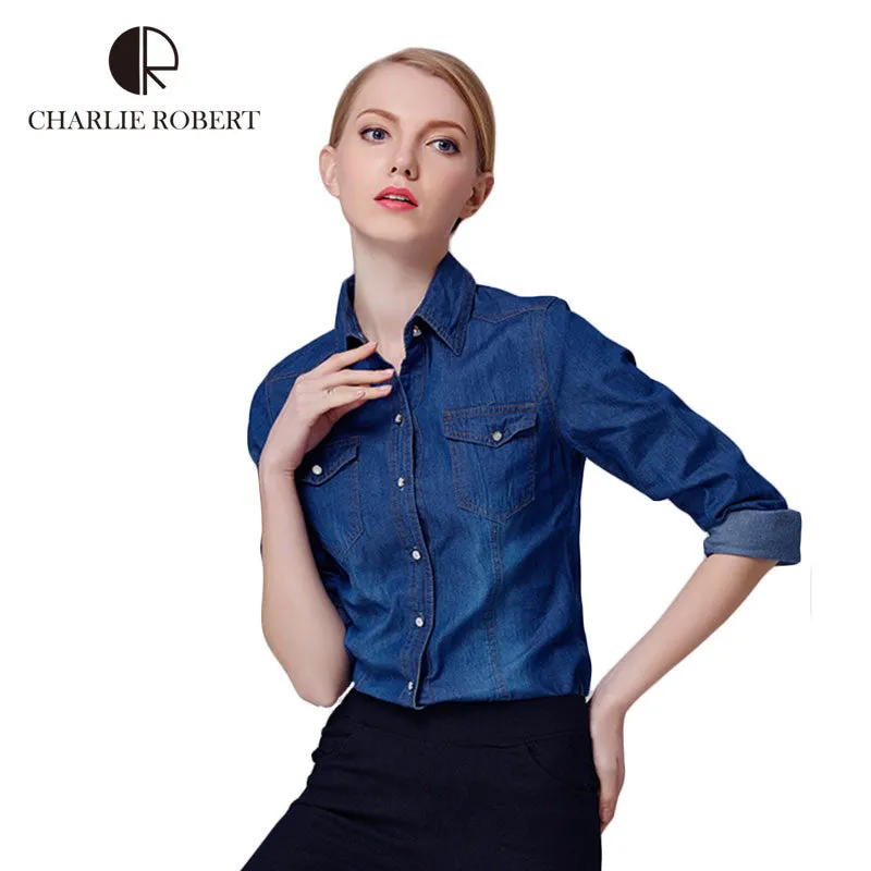 2016 New Denim Shirt Women Long Sleeve Turn-Down Collar Blouse Women Jeans Female Blue Jean Shirt Fashion Female Clothes WE249