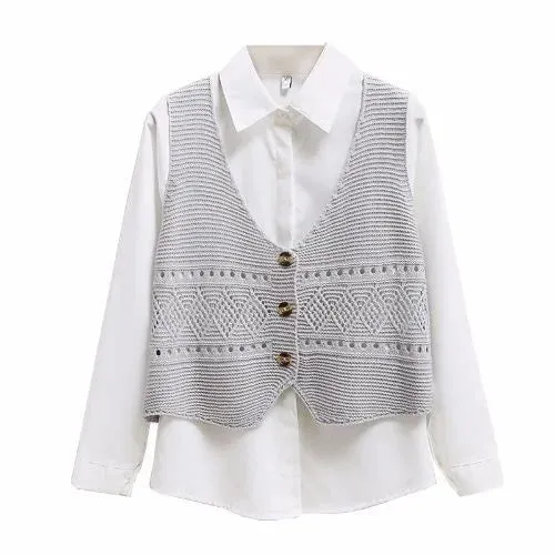 2024 Korean Fashion V Neck Loose Sleeveless Sweater Vest Women Knitted Hollow Out Single Breasted Short Cardigan Female Knitwear