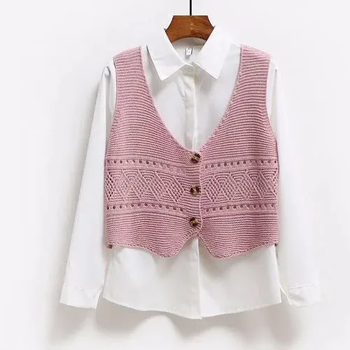 2024 Korean Fashion V Neck Loose Sleeveless Sweater Vest Women Knitted Hollow Out Single Breasted Short Cardigan Female Knitwear