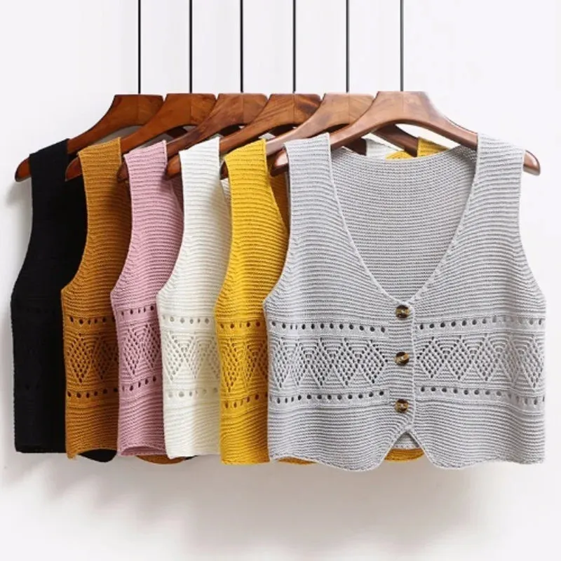 2024 Korean Fashion V Neck Loose Sleeveless Sweater Vest Women Knitted Hollow Out Single Breasted Short Cardigan Female Knitwear