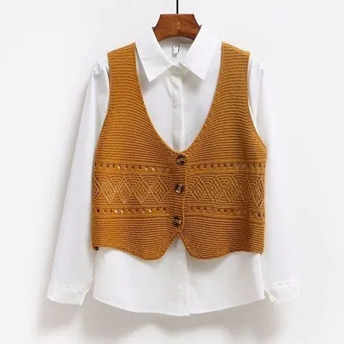 2024 Korean Fashion V Neck Loose Sleeveless Sweater Vest Women Knitted Hollow Out Single Breasted Short Cardigan Female Knitwear