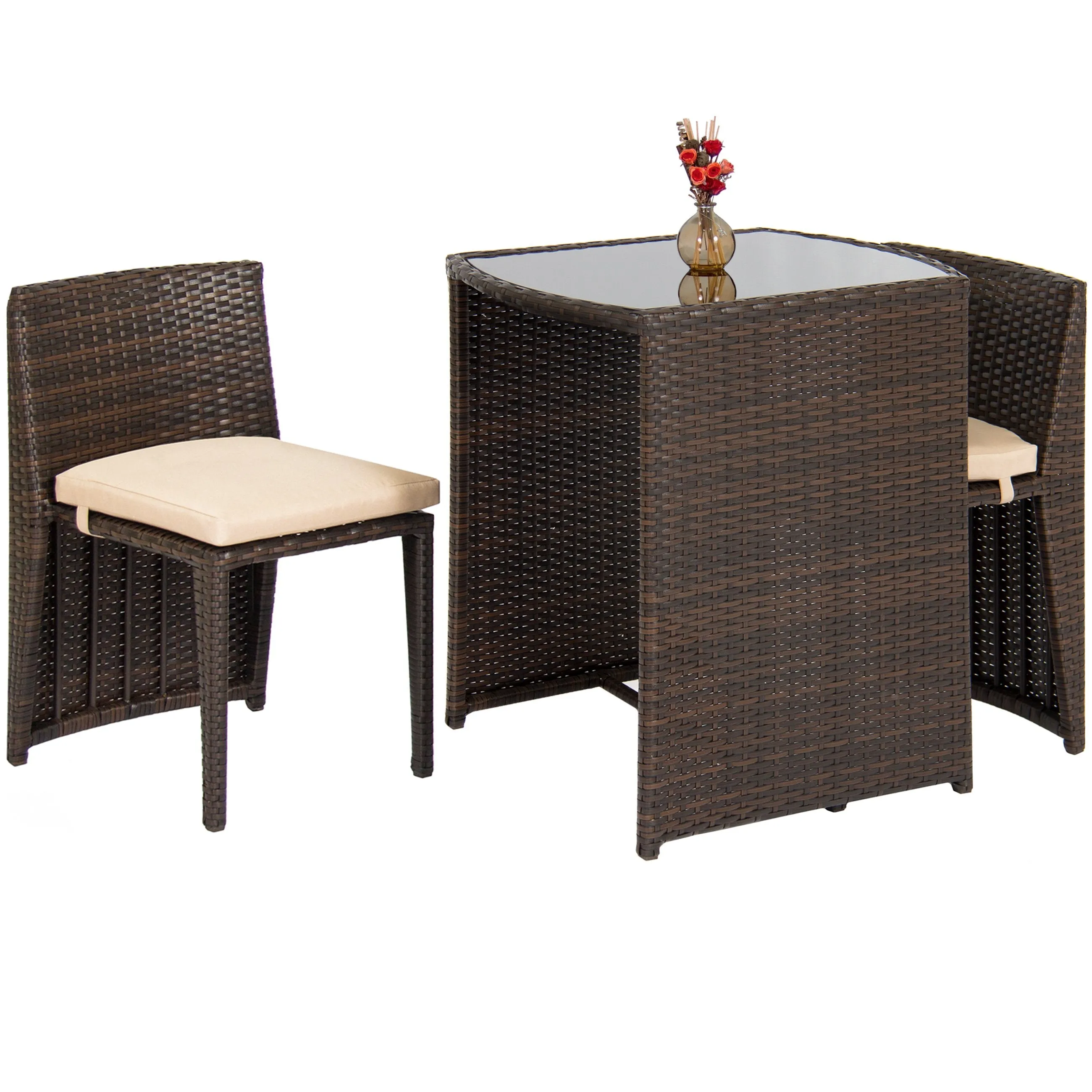 3-Piece Wicker Bistro Outdoor Furniture Set w/ Glass Top Table