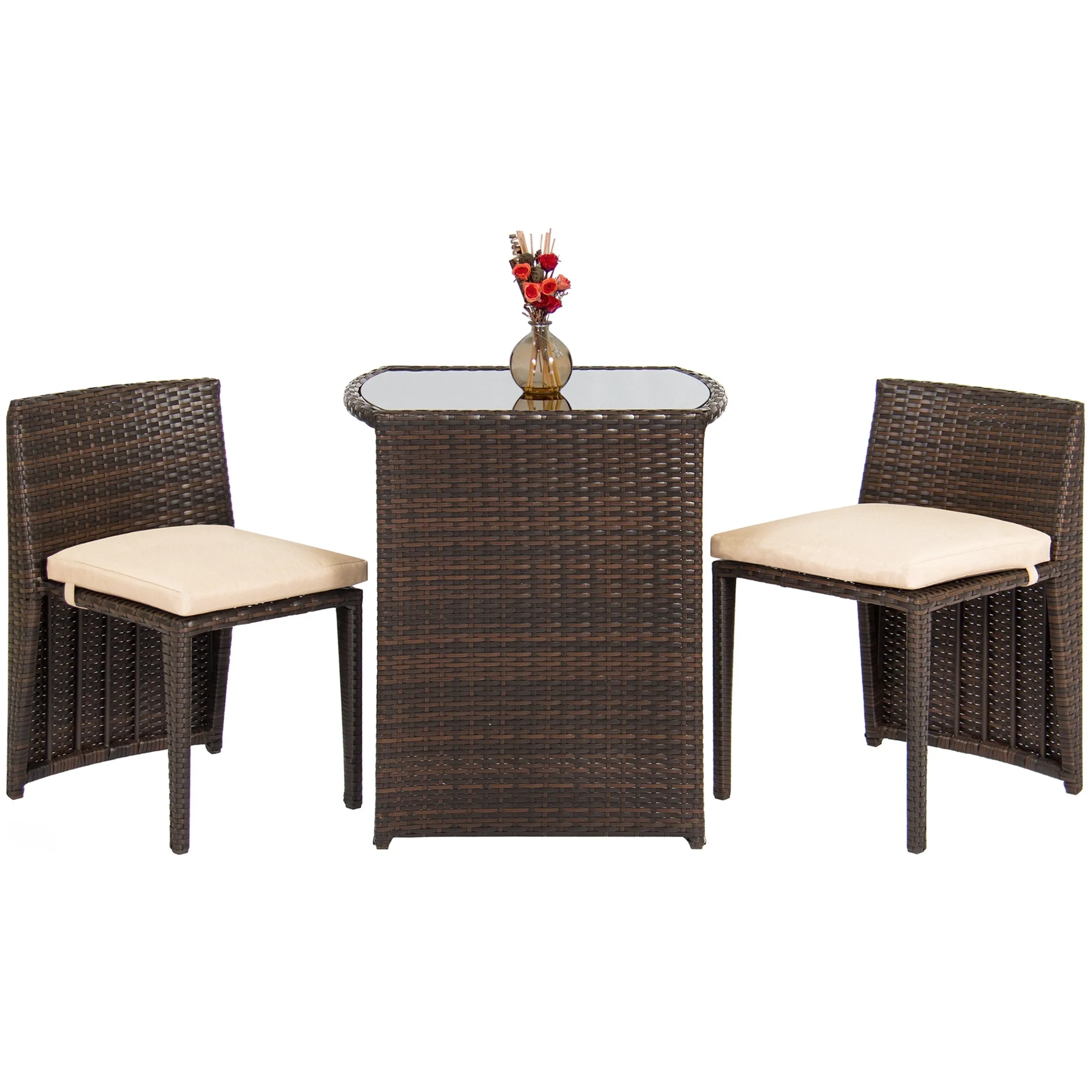 3-Piece Wicker Bistro Outdoor Furniture Set w/ Glass Top Table