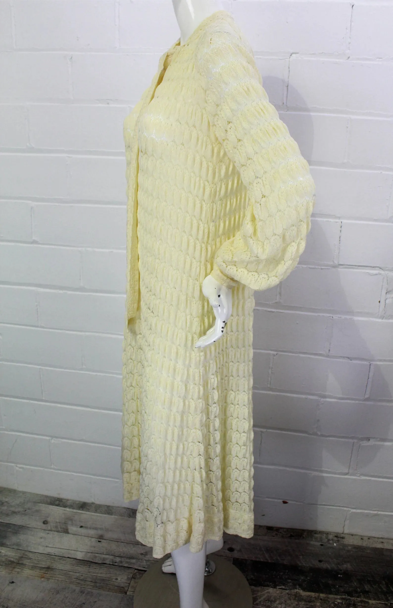 80s Rare Jean Muir Cream Knit Crochet Maxi Dress with Bishop Sleeves, B36