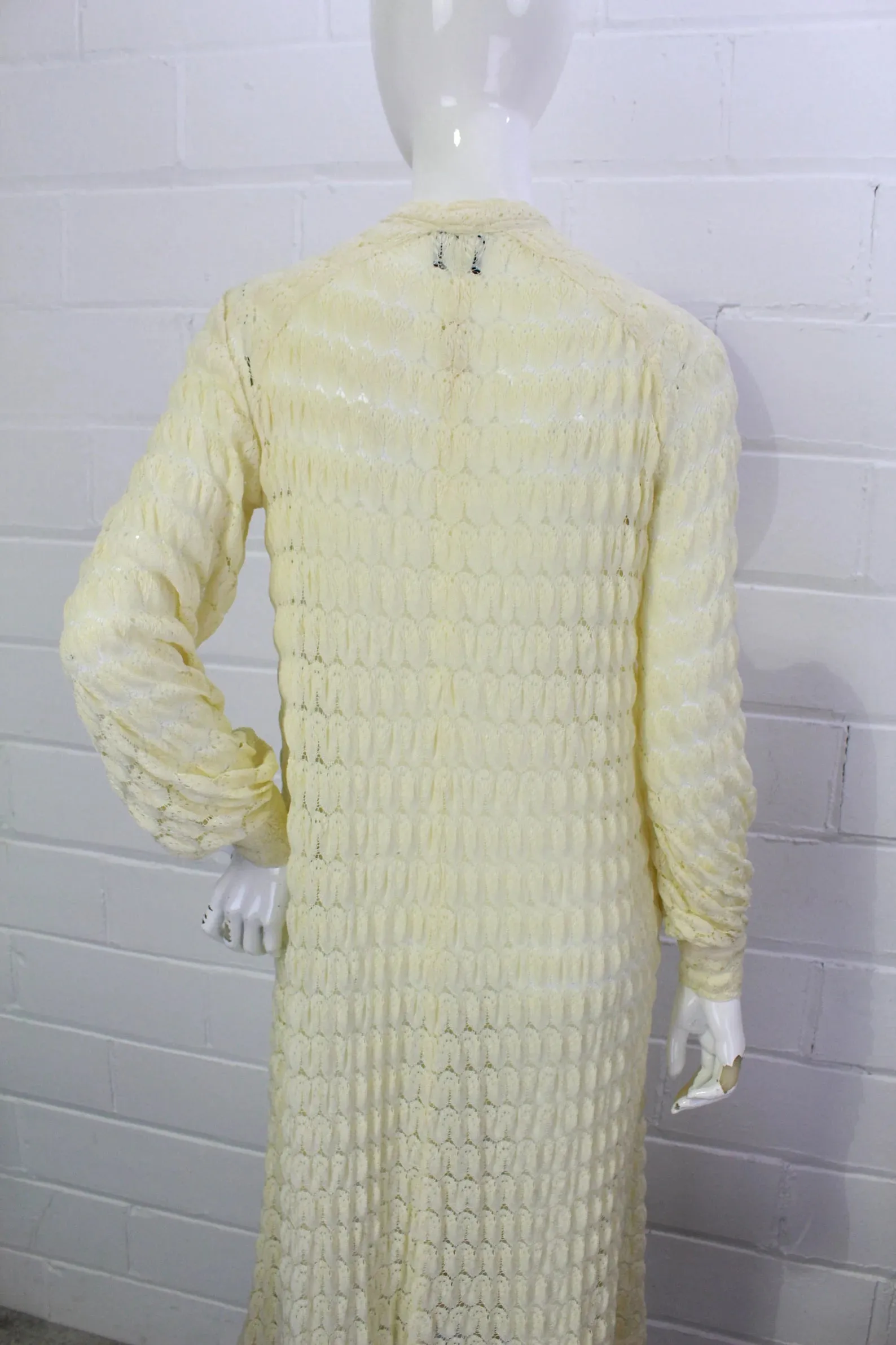 80s Rare Jean Muir Cream Knit Crochet Maxi Dress with Bishop Sleeves, B36