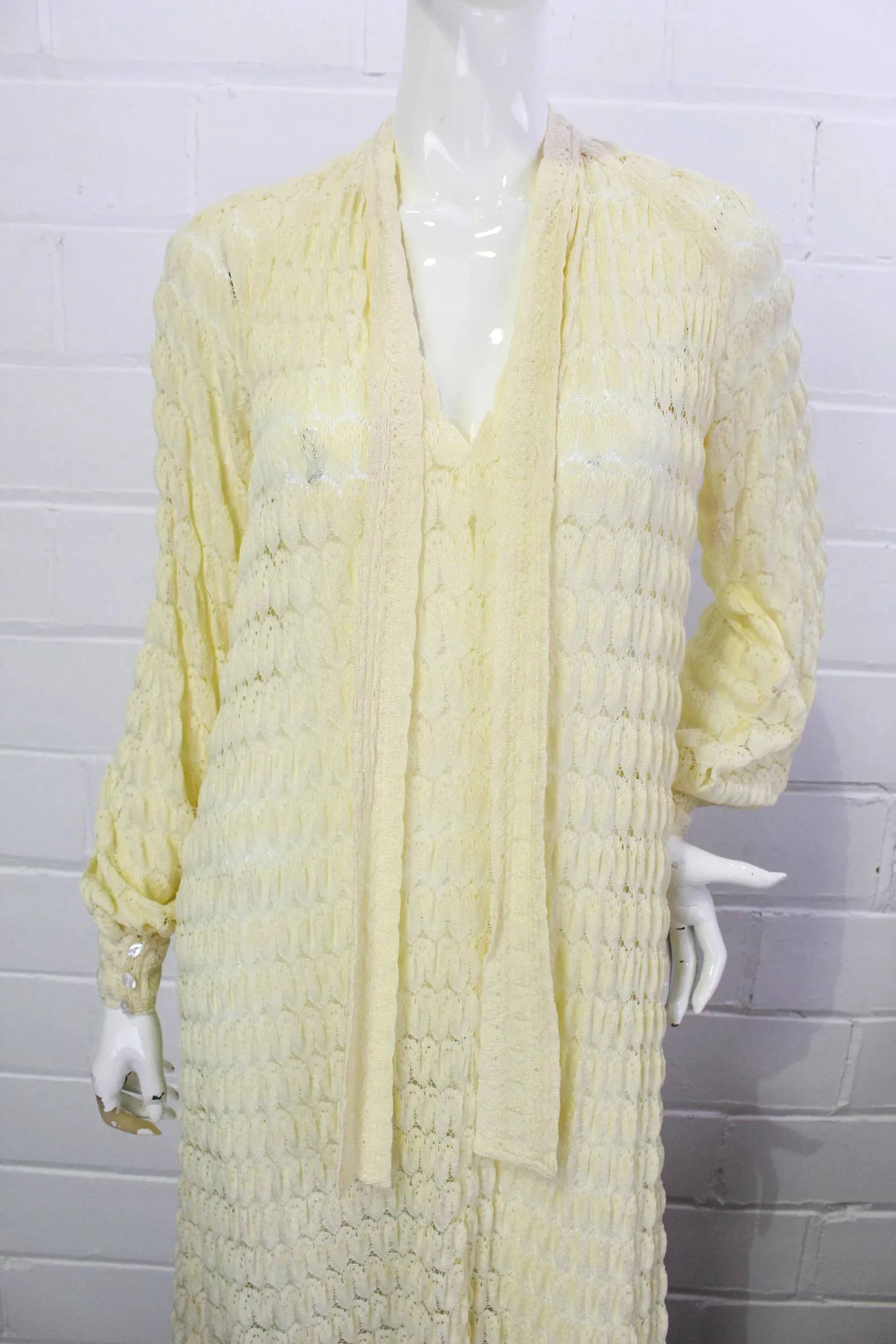 80s Rare Jean Muir Cream Knit Crochet Maxi Dress with Bishop Sleeves, B36