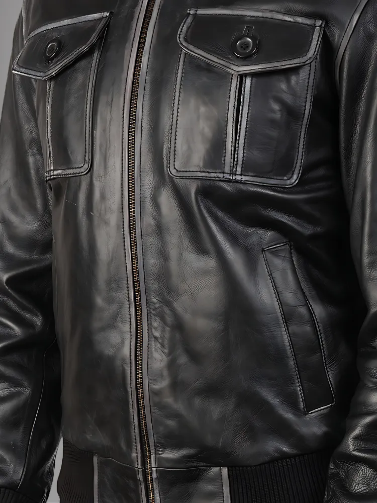 Aaron Leather Black Bomber Jacket