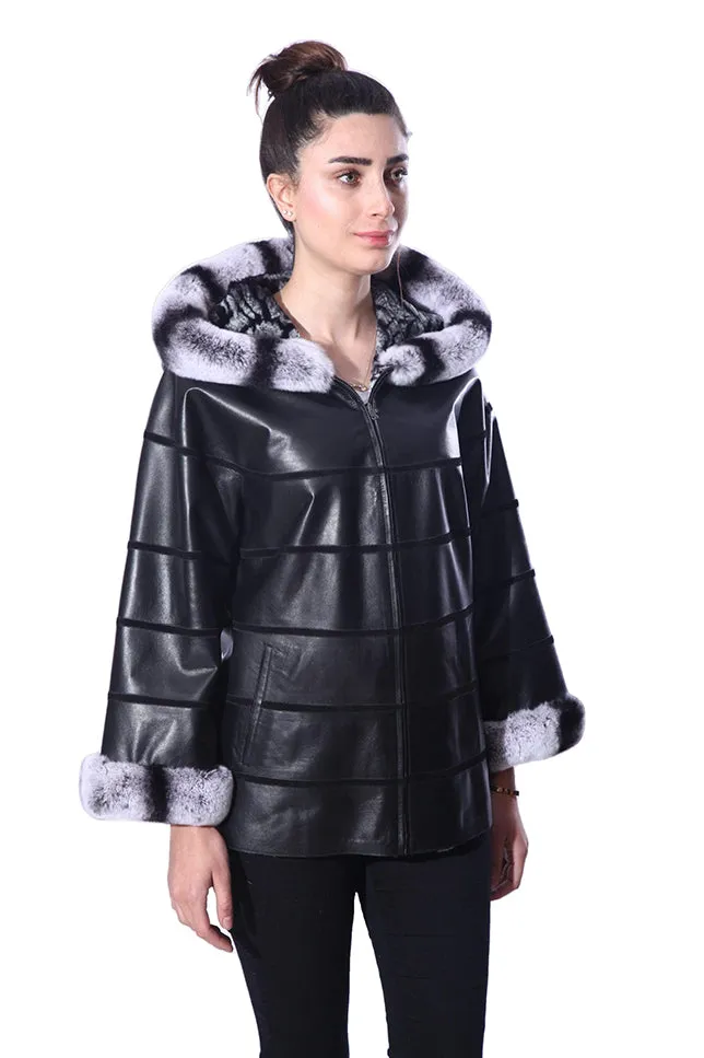 Anna Womens Real Rex Fur Leather Jacket with Hood