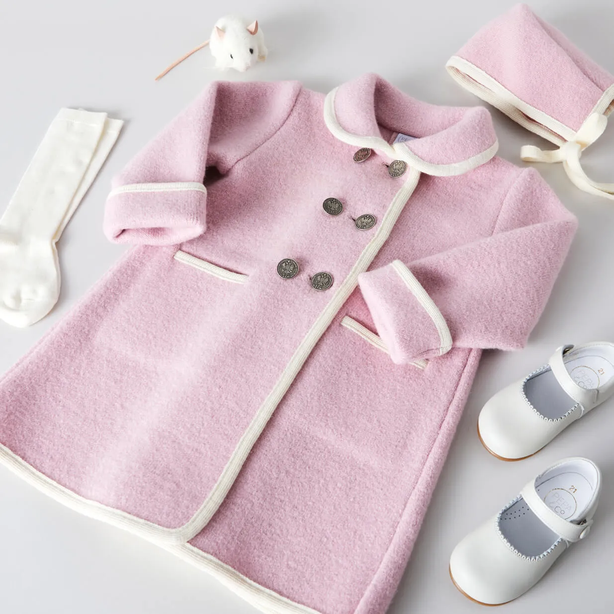 Austrian Double Breasted White Trim Baby Coat in Baby Pink (6mths-3yrs)