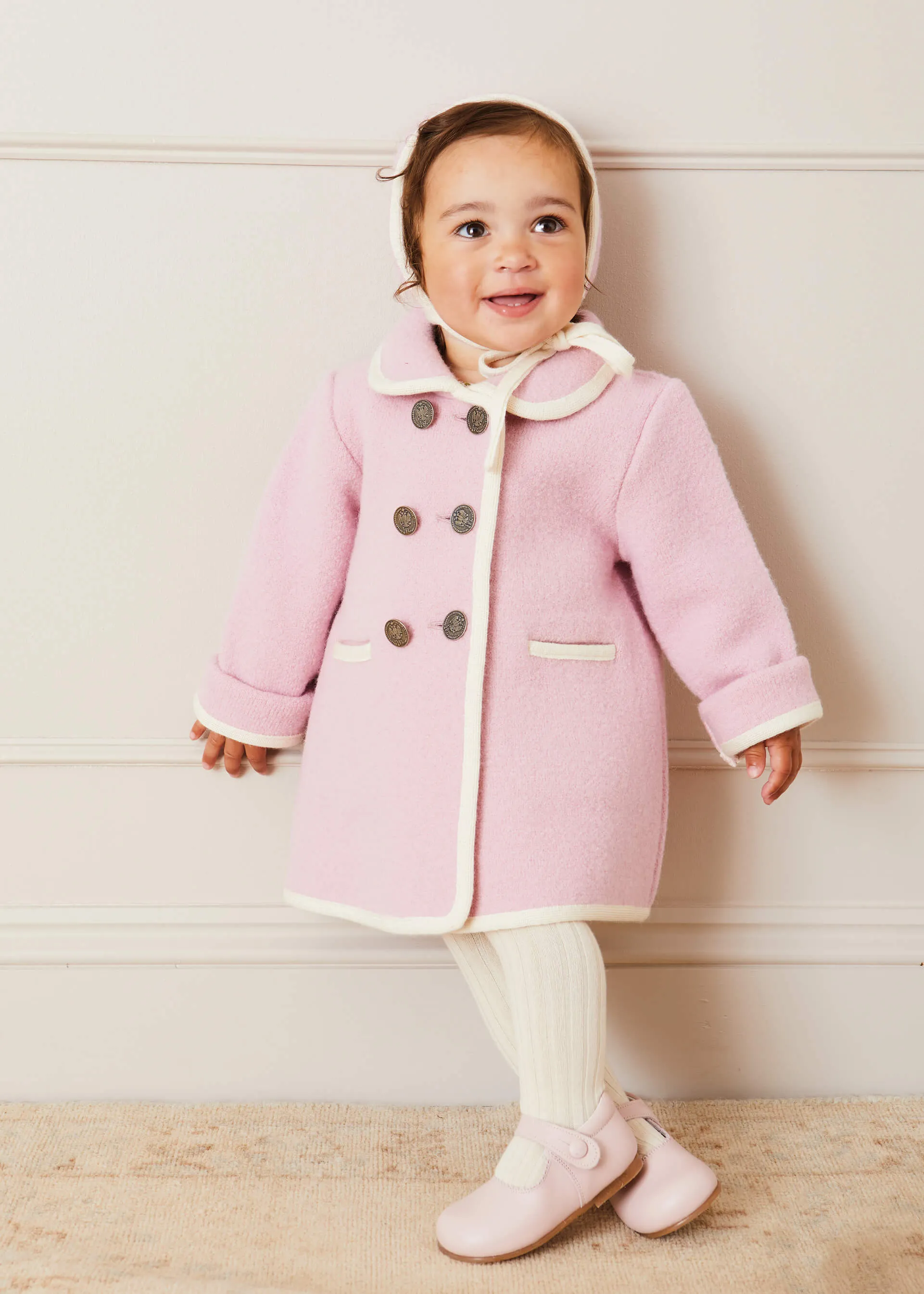 Austrian Double Breasted White Trim Baby Coat in Baby Pink (6mths-3yrs)