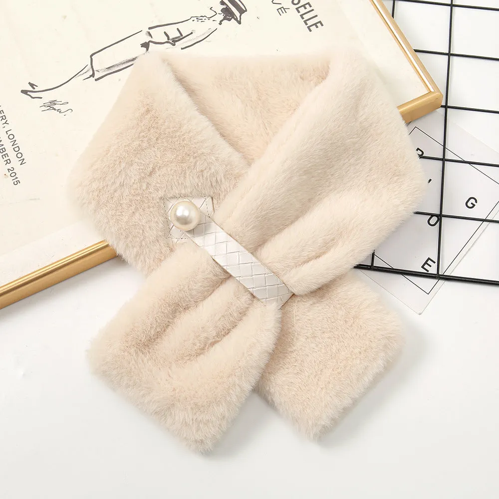 Autumn and winter pearl wool scarf girls cross hair collar warm imitation rabbit hair scarf