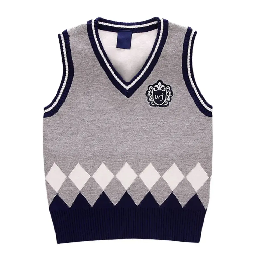 Baby Boys Sleeveless Uniform Knit Sweater Toddler Kids Knit Sweater Vest V Neck Knitted Waistcoat Autumn Winter 1-8T