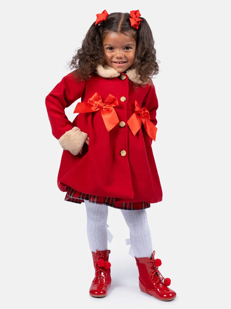 Baby Girl Elegant Coat with Fur and Satin Bows - Red