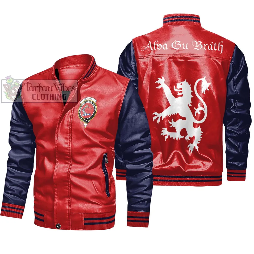 Beattie (Beatty) Family Crest Leather Bomber Jacket Lion Rampant Alba Gu Brath Style