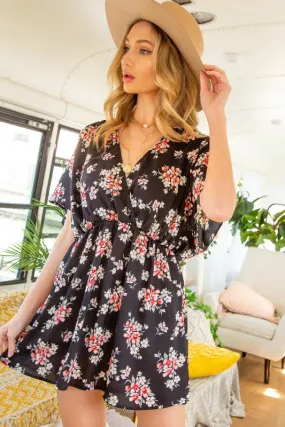 Black Floral Short Sleeve Surplice Mini Dress