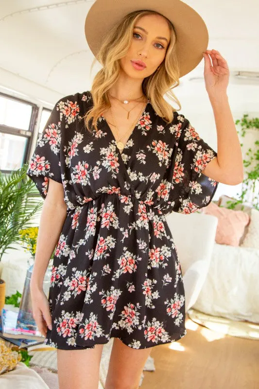 Black Floral Short Sleeve Surplice Mini Dress