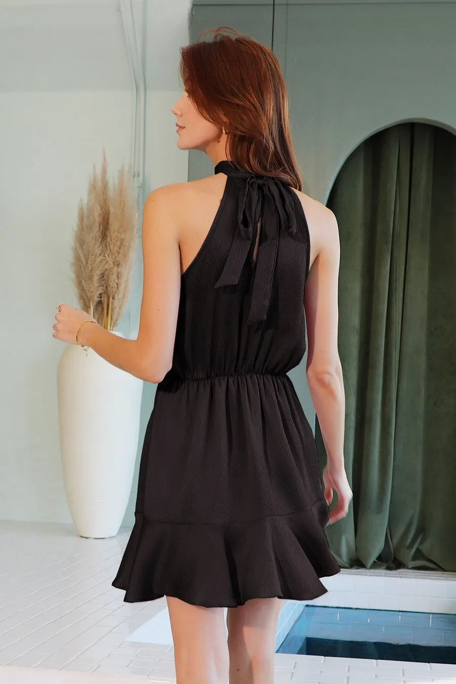 Black Hammered Satin Flare Halter Dress