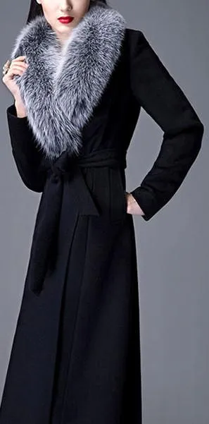 Black Wool Coat with Fox Fur Collar