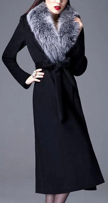 Black Wool Coat with Fox Fur Collar