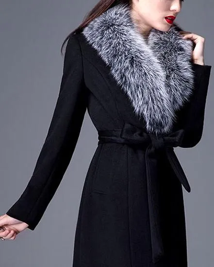 Black Wool Coat with Fox Fur Collar