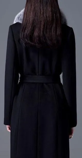 Black Wool Coat with Fox Fur Collar