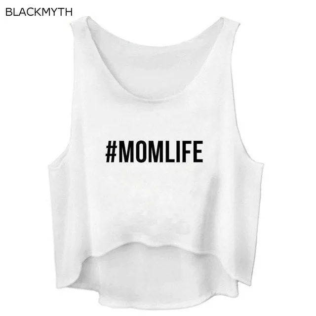 BLACKMYTH MOMLIFE Print Letters Sleeveless O Neck Summer T-shirt Crop Tank Tops Women's Casual Hi Low Cotton Vest