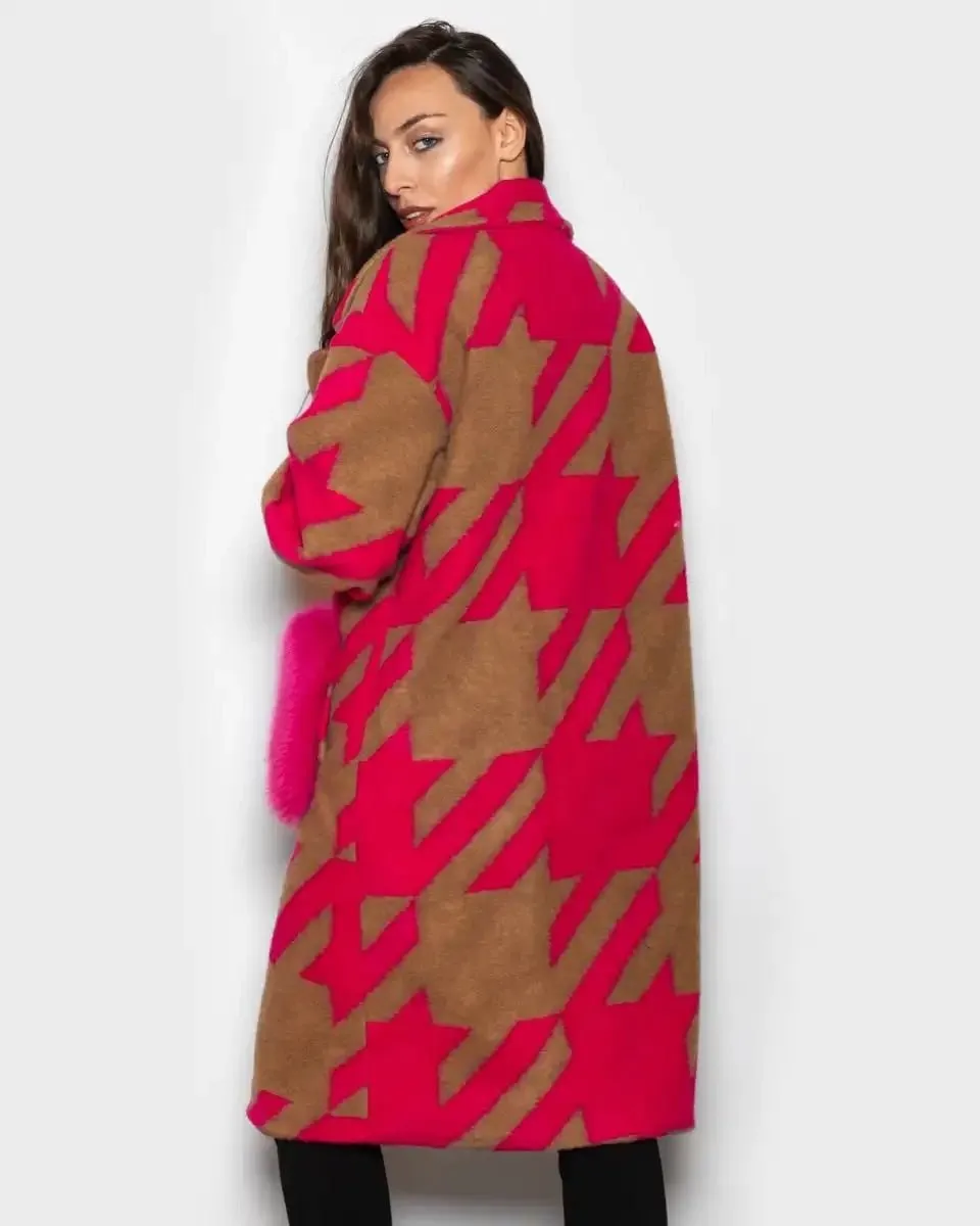 Brown Fuchsia Patterned Fox Coat With Pockets