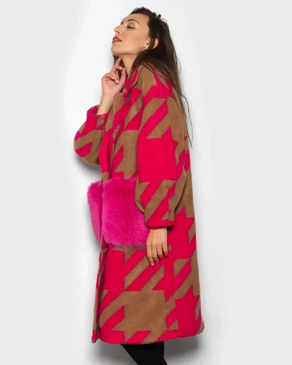 Brown Fuchsia Patterned Fox Coat With Pockets