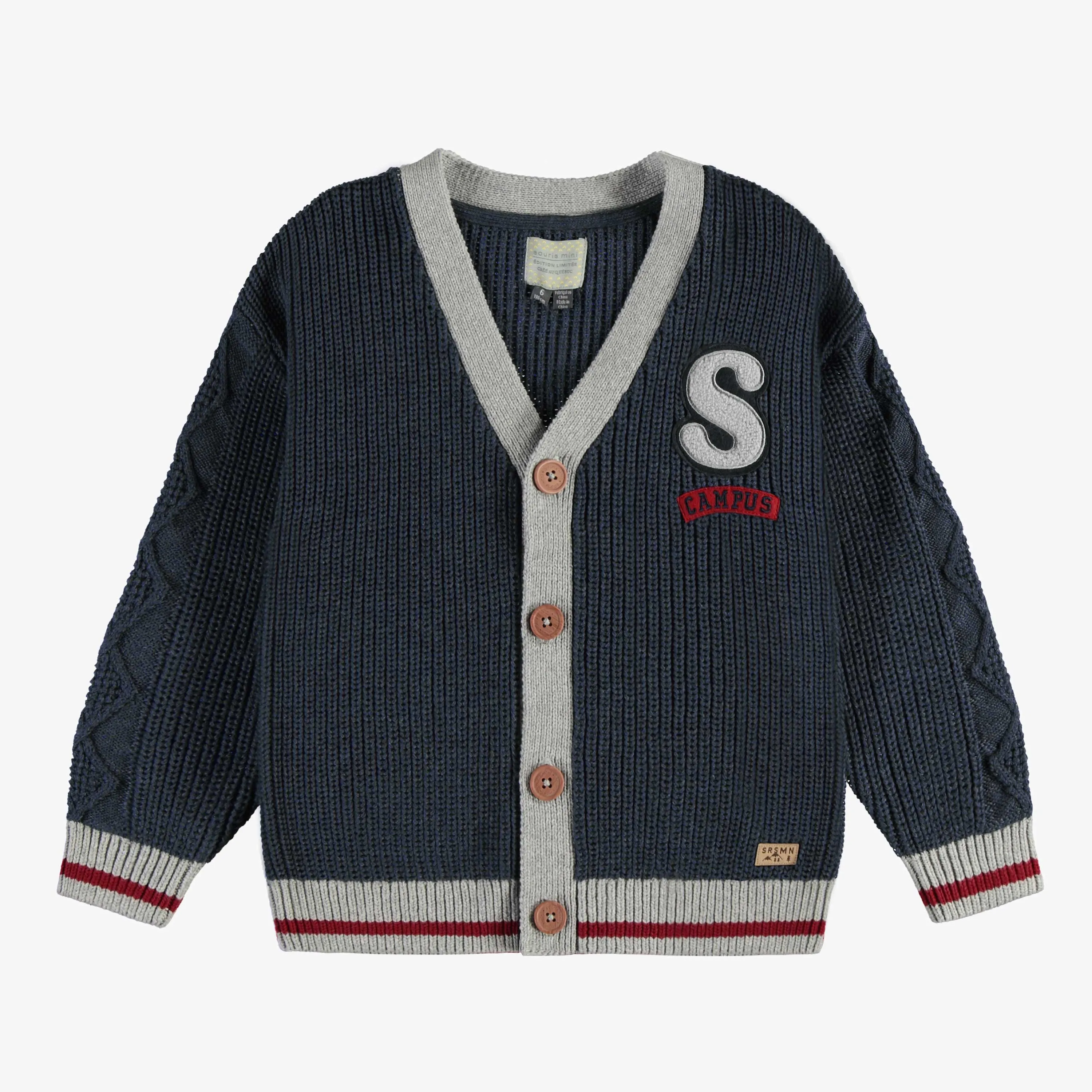 Cardigan de maille marine-gris effet bas de laine, enfant || Navy gray knitted cardigan with wool socks effect, child