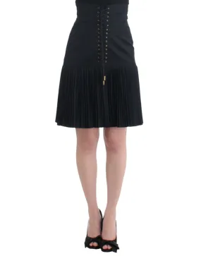 Cavalli Elegant Black Pleated Lace A-Line Skirt