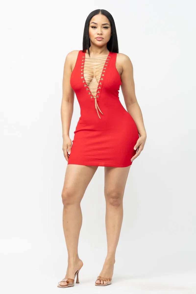 Chain Lace Up Ribbed Dress