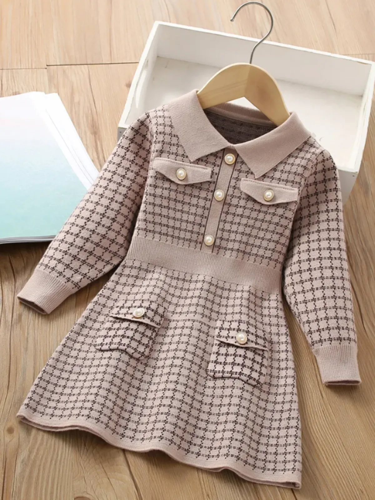 Charming Girls' Collared Knit Dress with Pearl Buttons