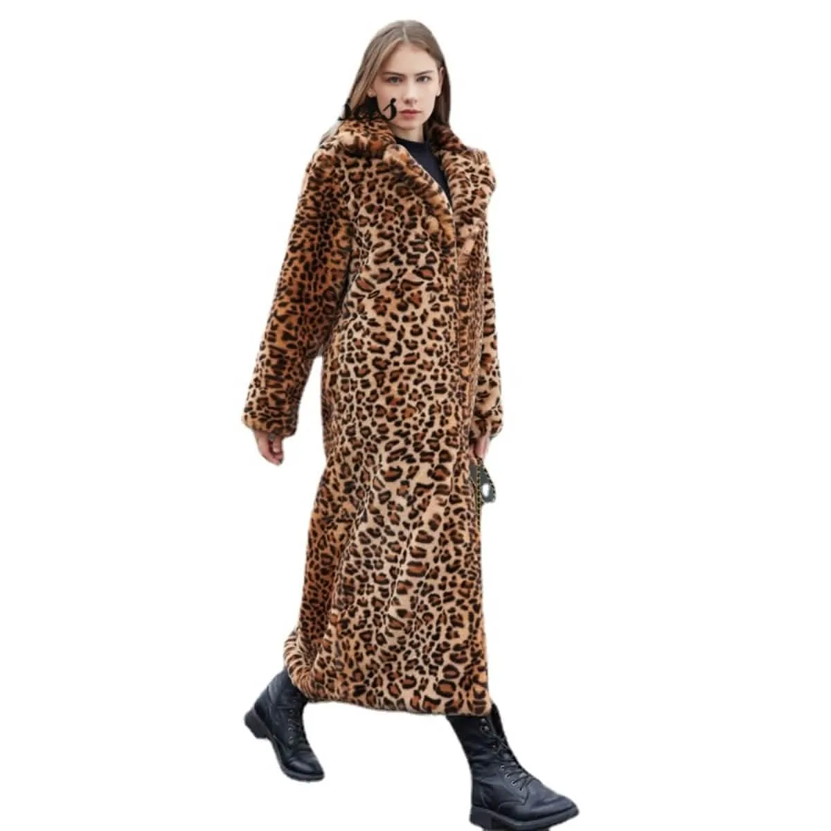 Chic Leopard Print Faux Fur Winter Coat with Elegant Tailored Collar for Women