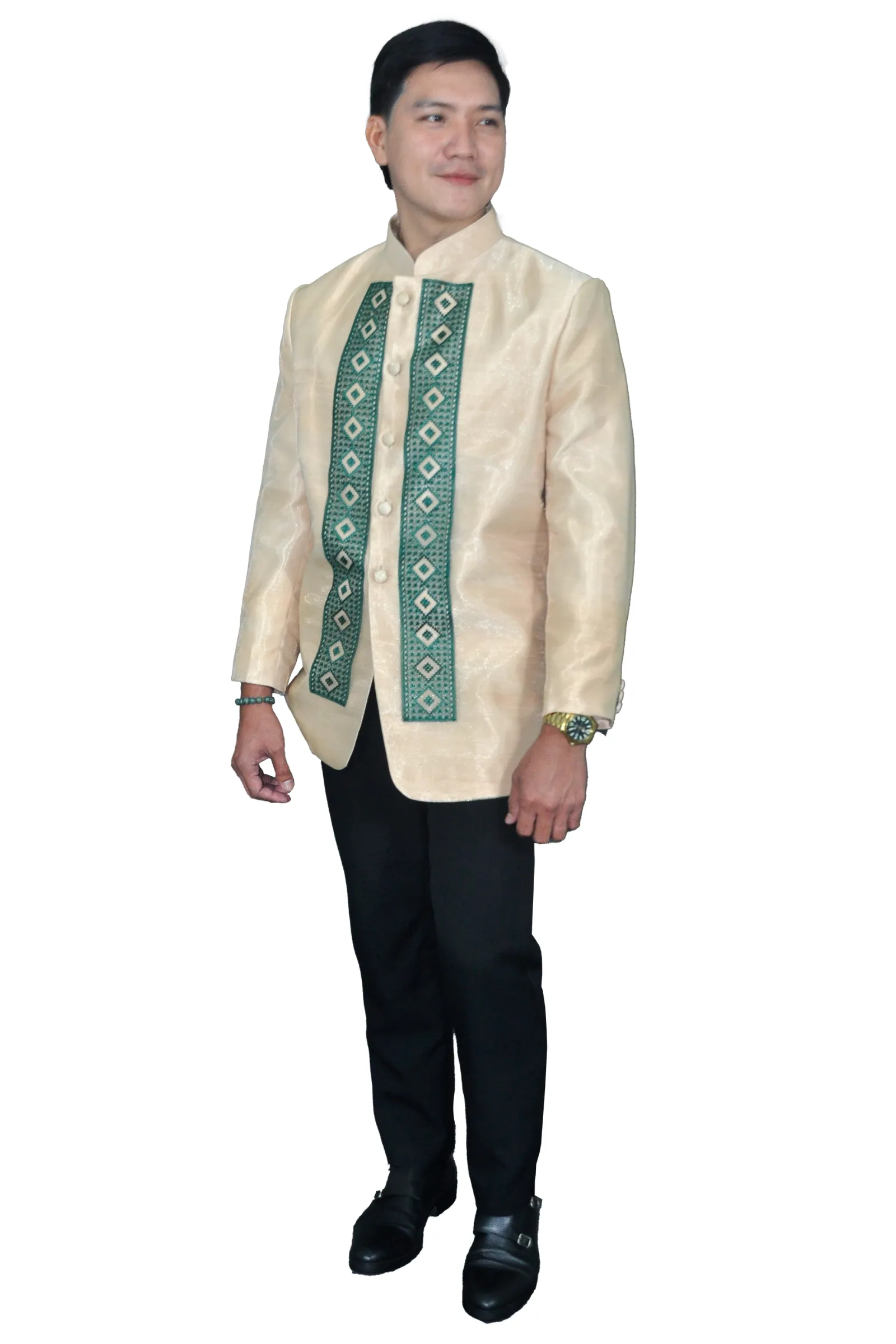 Classic Filipino Barong Tagalog in Light Cream with Unique Green Detailing - Ron - JK47