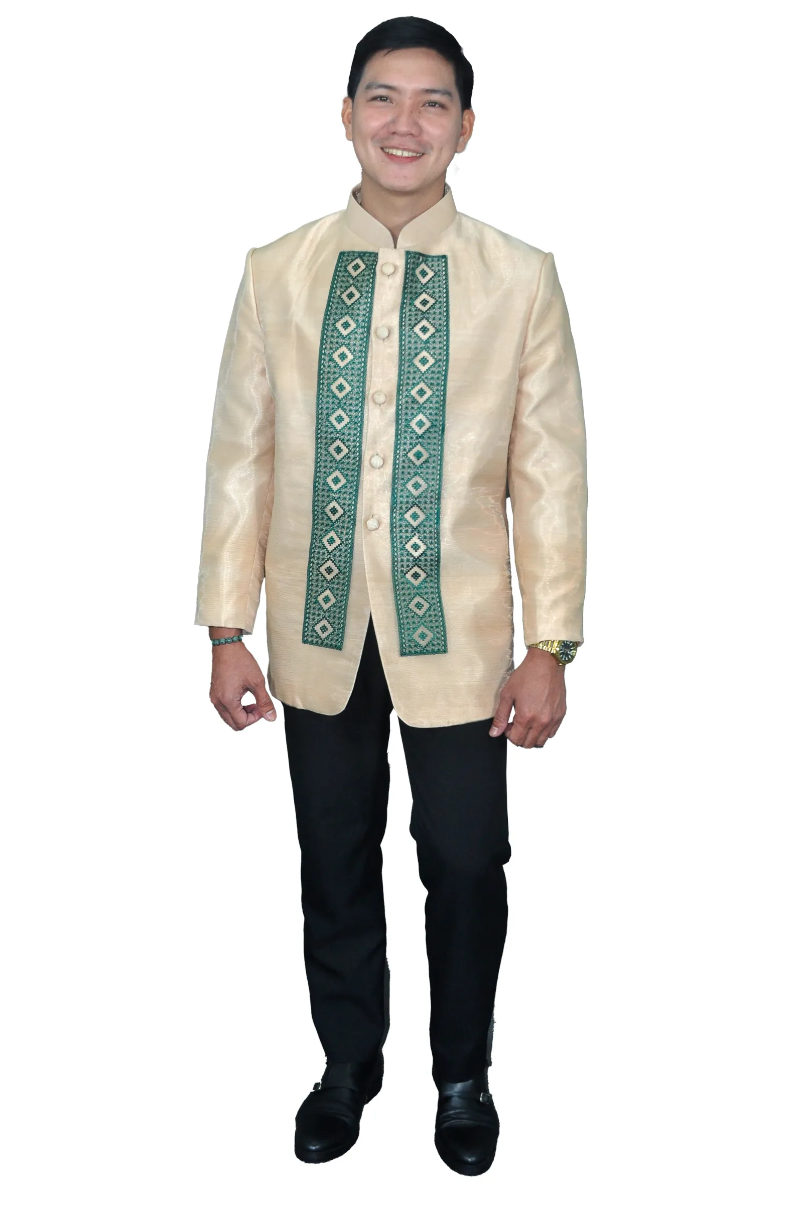 Classic Filipino Barong Tagalog in Light Cream with Unique Green Detailing - Ron - JK47