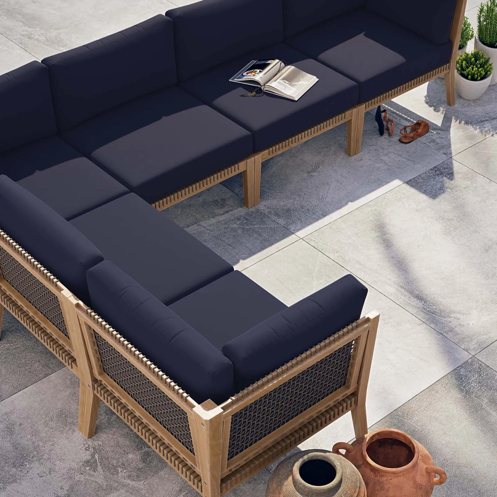 Clearwater Outdoor Patio Teak Wood 6-Piece Sectional Sofa Gray Navy EEI-6125-GRY-NAV