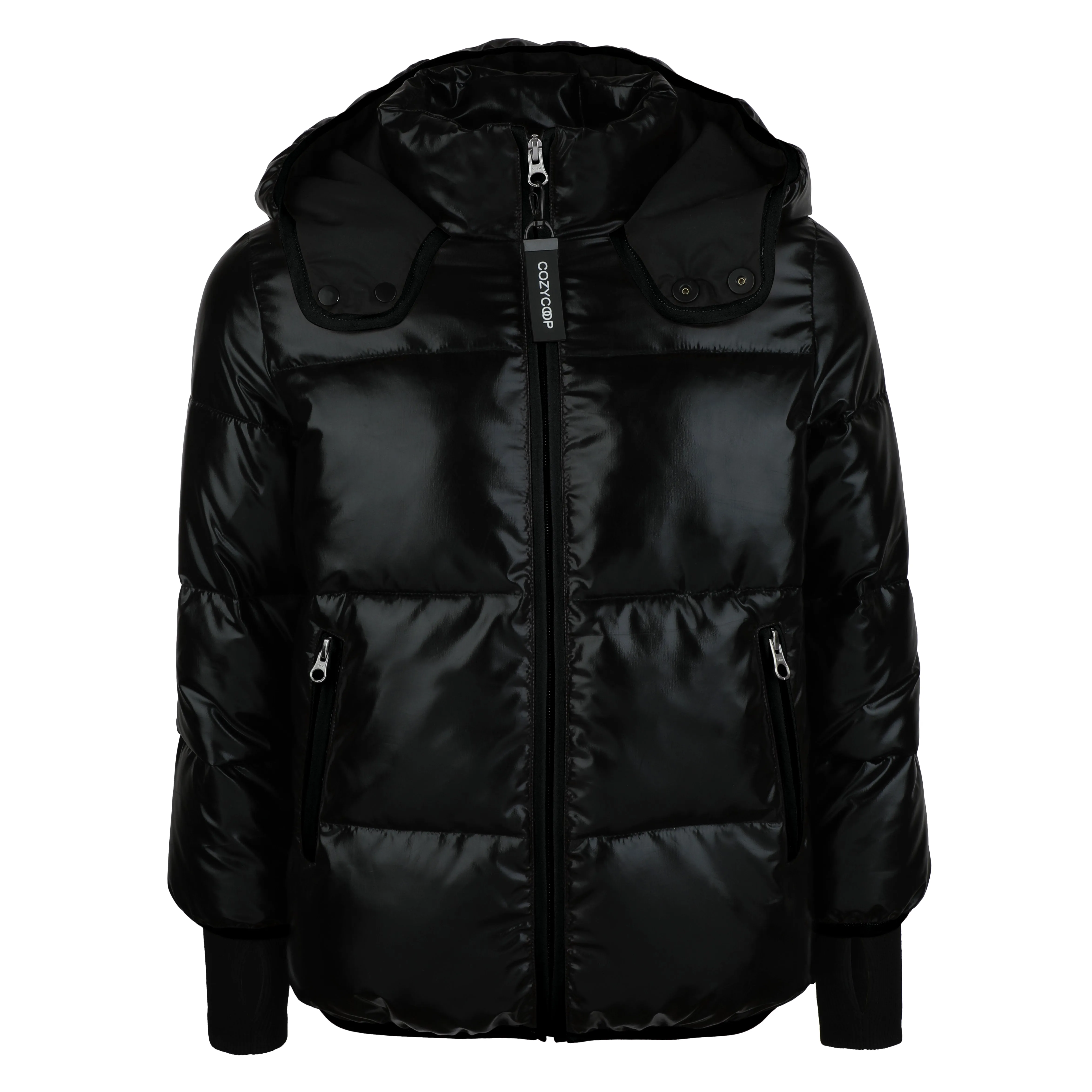 coat shiny white zipper - black