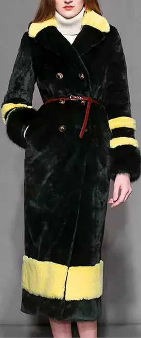 Color-Contrast Long Faux-Fur Coat