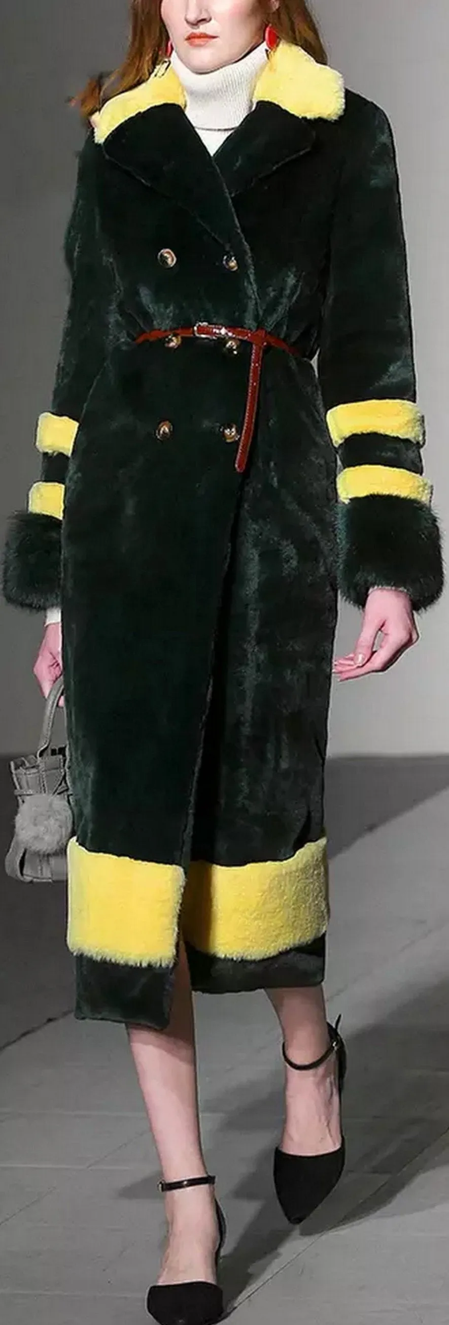 Color-Contrast Long Faux-Fur Coat