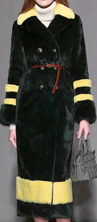 Color-Contrast Long Faux-Fur Coat