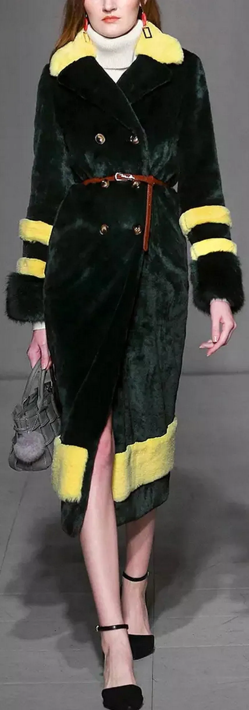 Color-Contrast Long Faux-Fur Coat