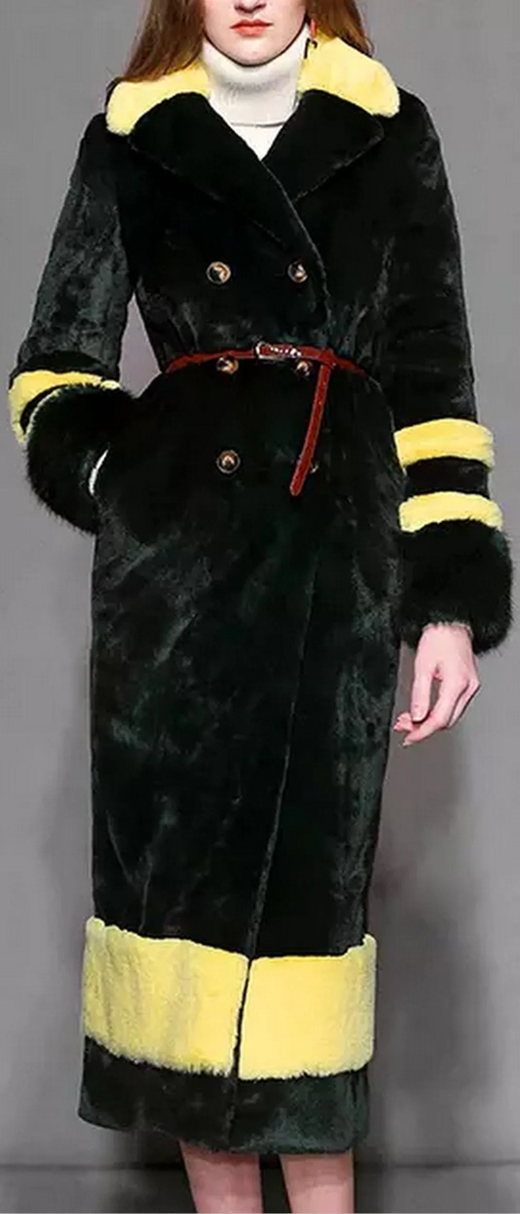 Color-Contrast Long Faux-Fur Coat