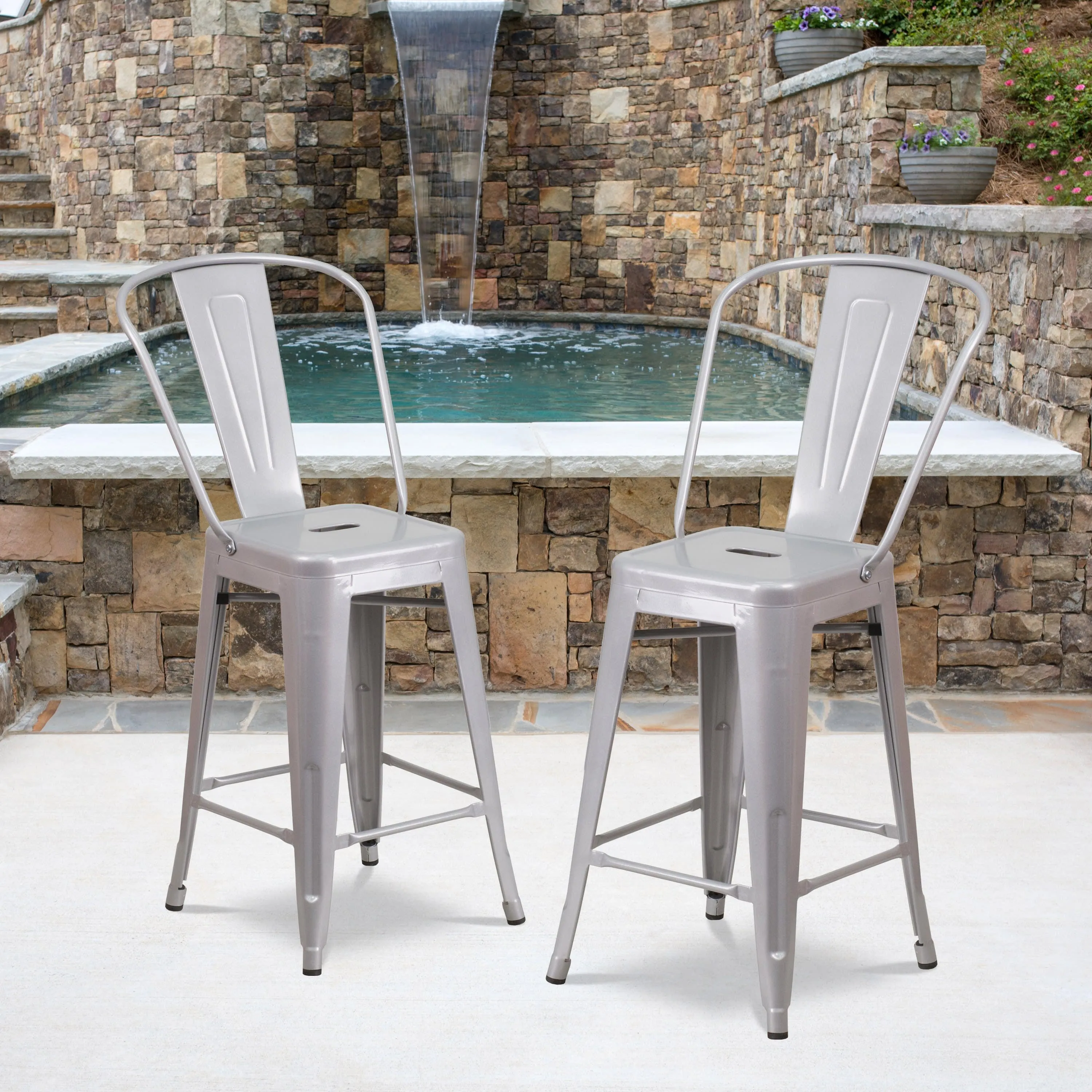 Commercial Grade 24" High Metal Indoor-Outdoor Counter Height Stool with Back