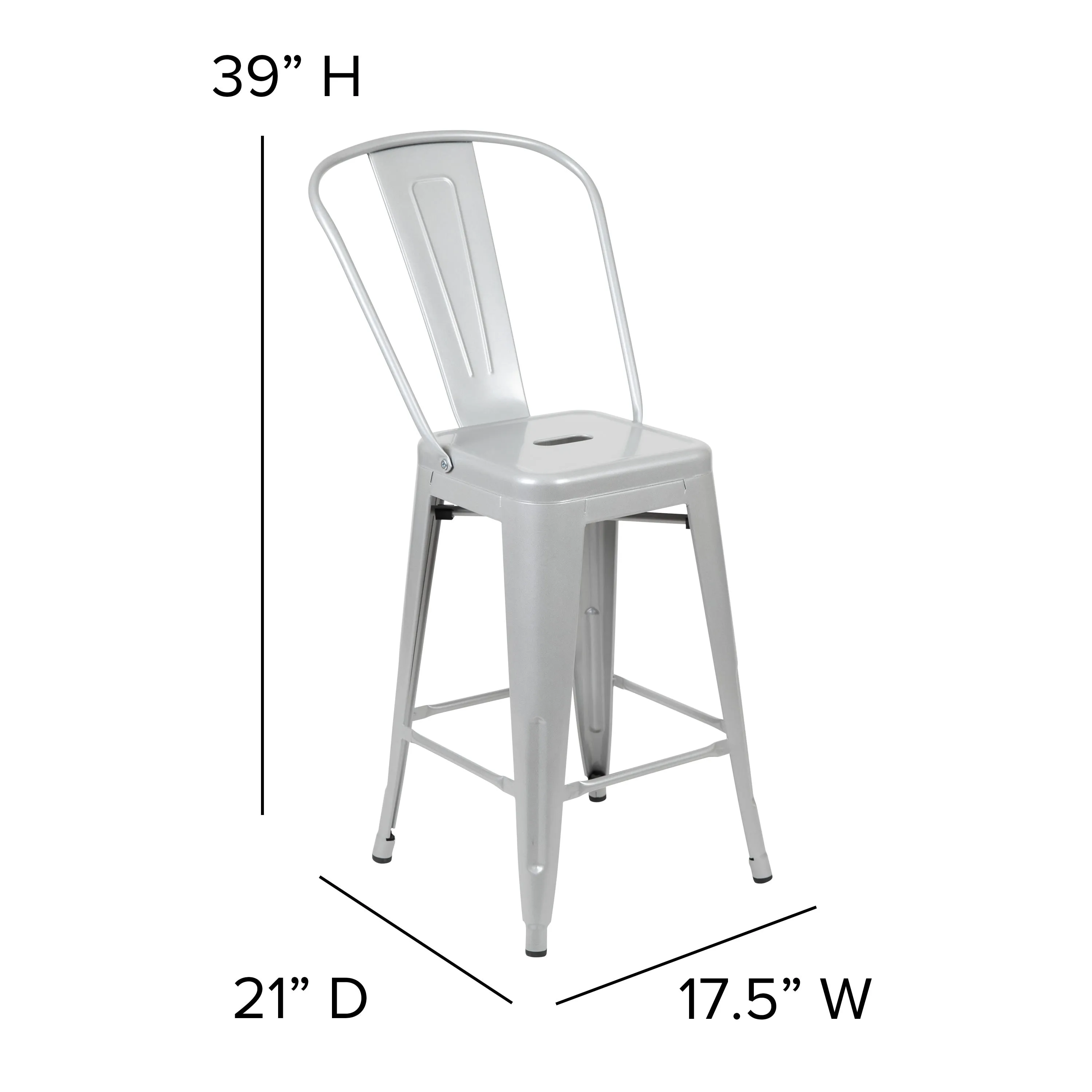 Commercial Grade 24" High Metal Indoor-Outdoor Counter Height Stool with Back