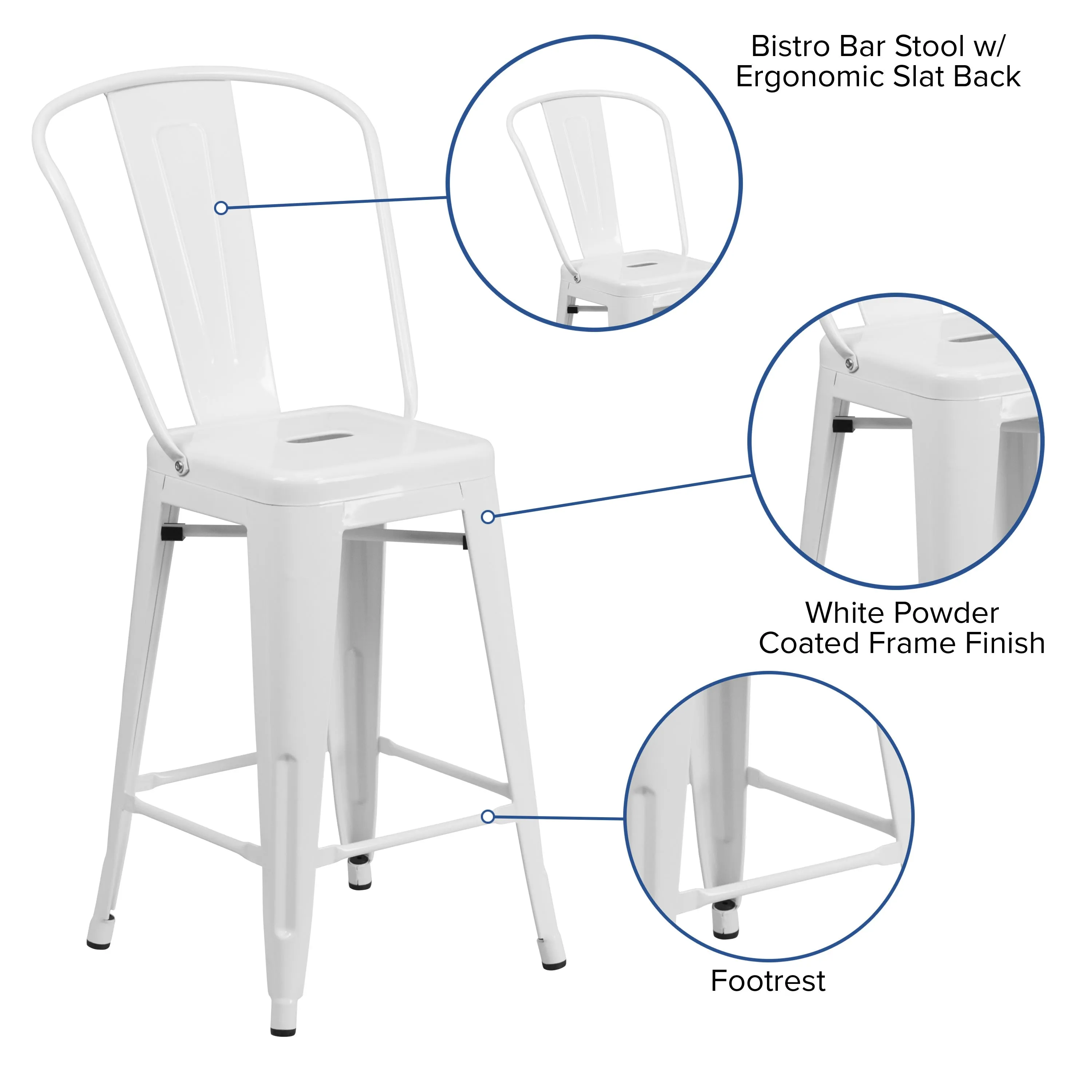 Commercial Grade 24" High Metal Indoor-Outdoor Counter Height Stool with Back