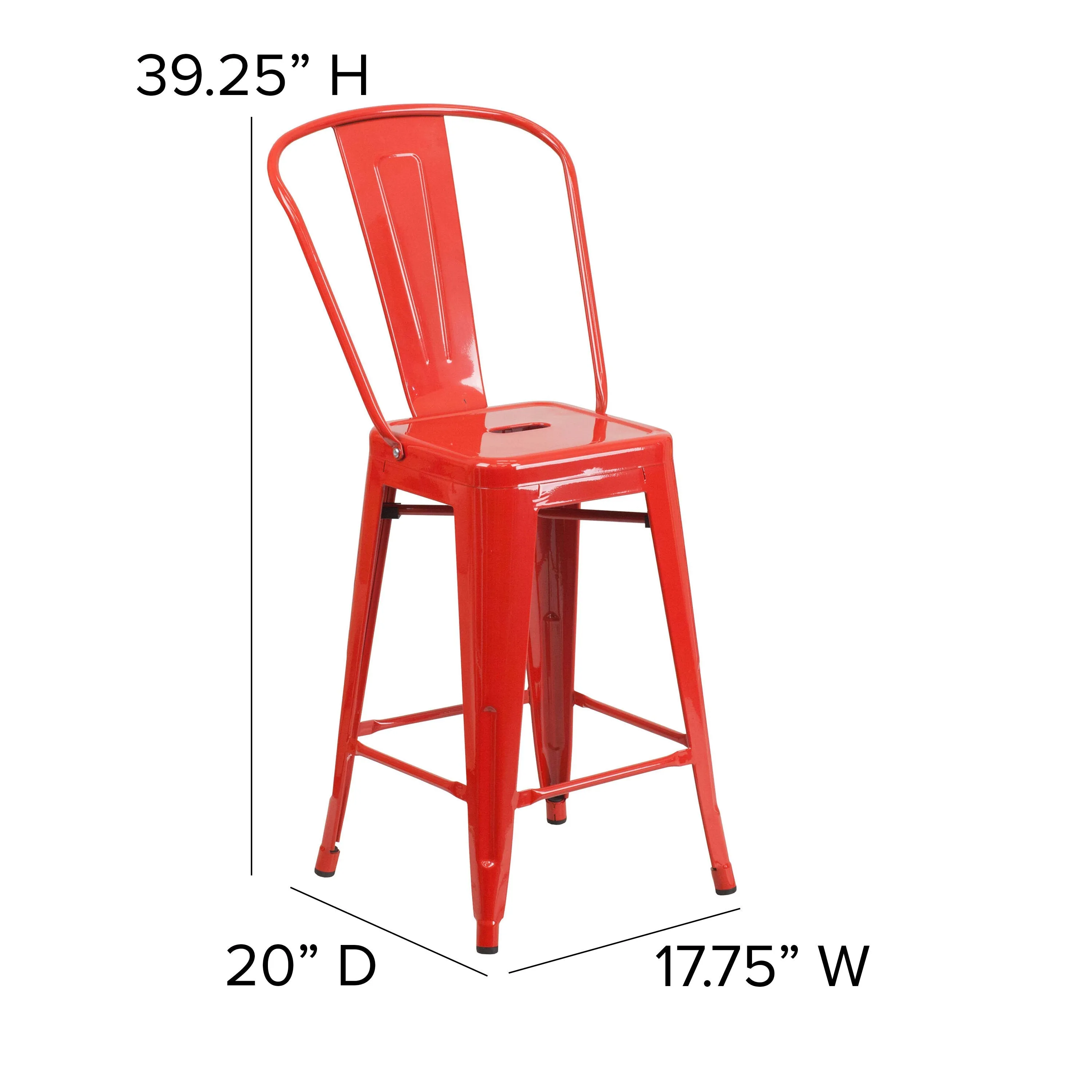 Commercial Grade 24" High Metal Indoor-Outdoor Counter Height Stool with Back