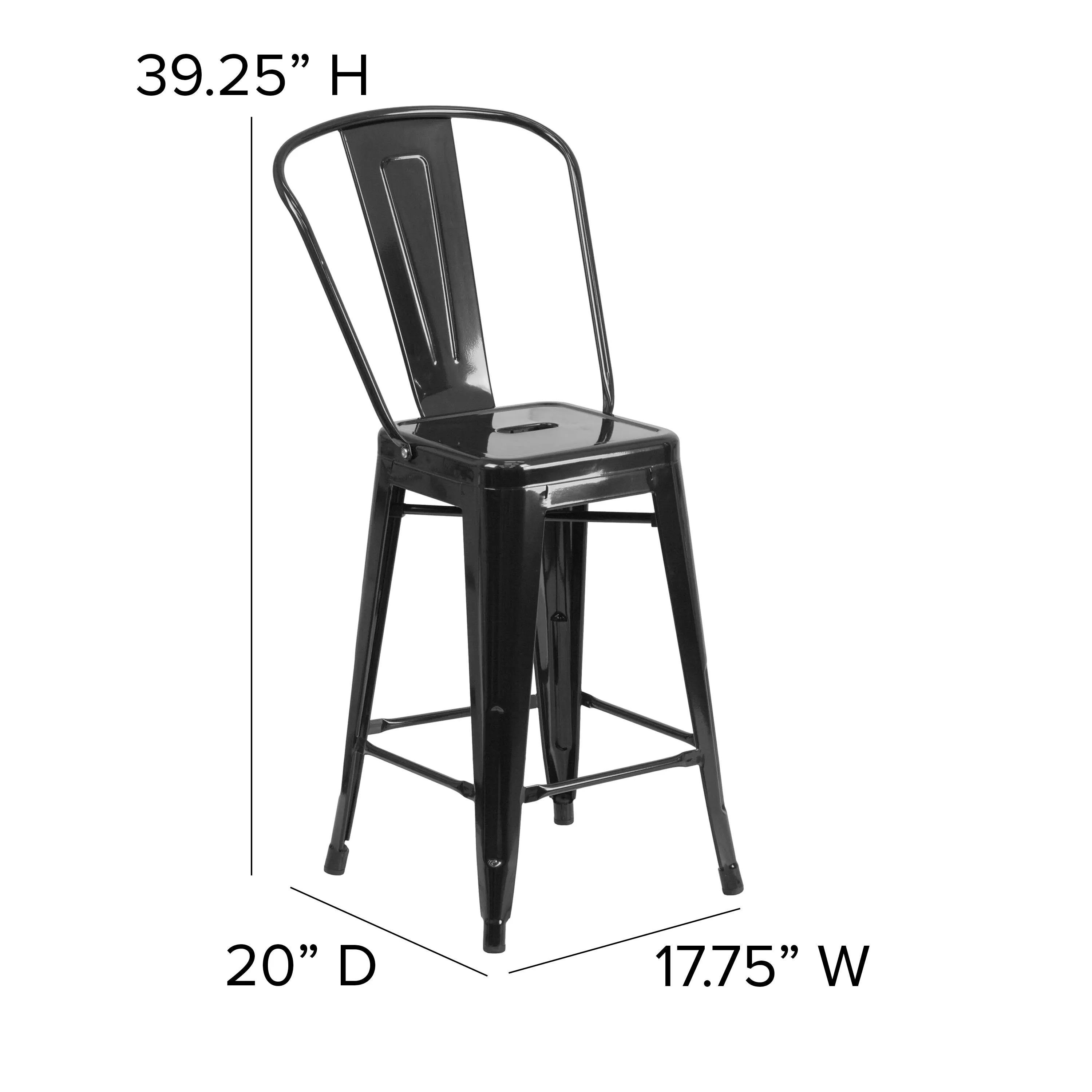 Commercial Grade 24" High Metal Indoor-Outdoor Counter Height Stool with Back