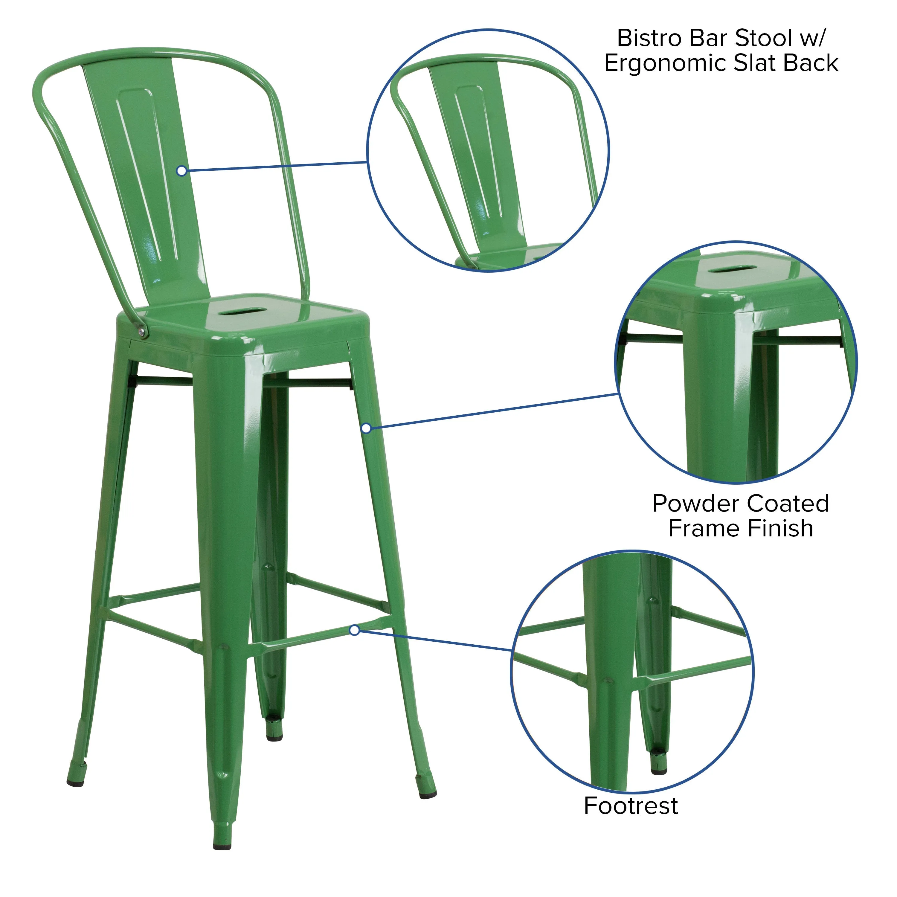 Commercial Grade 30" High Metal Indoor-Outdoor Barstool with Back