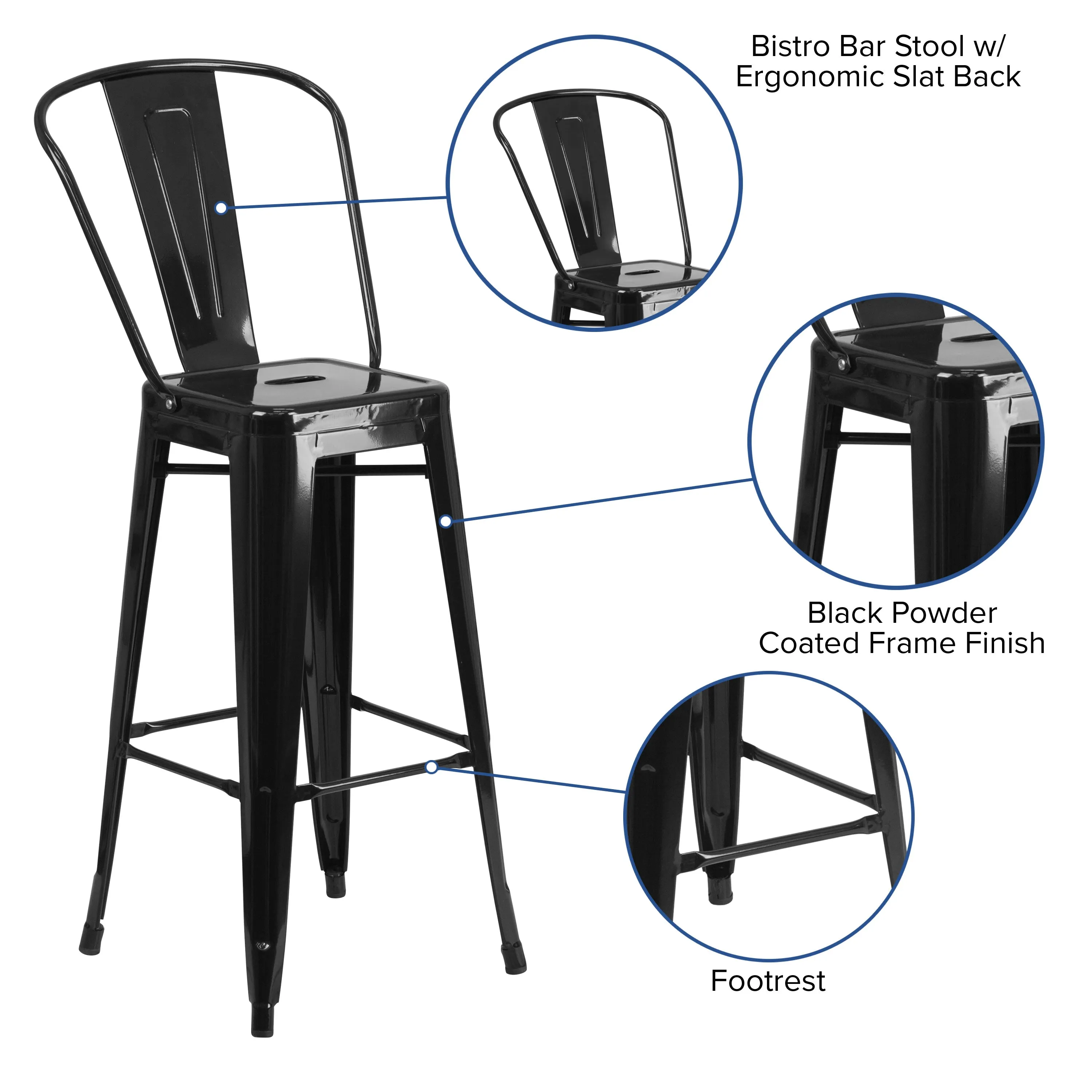 Commercial Grade 30" High Metal Indoor-Outdoor Barstool with Back