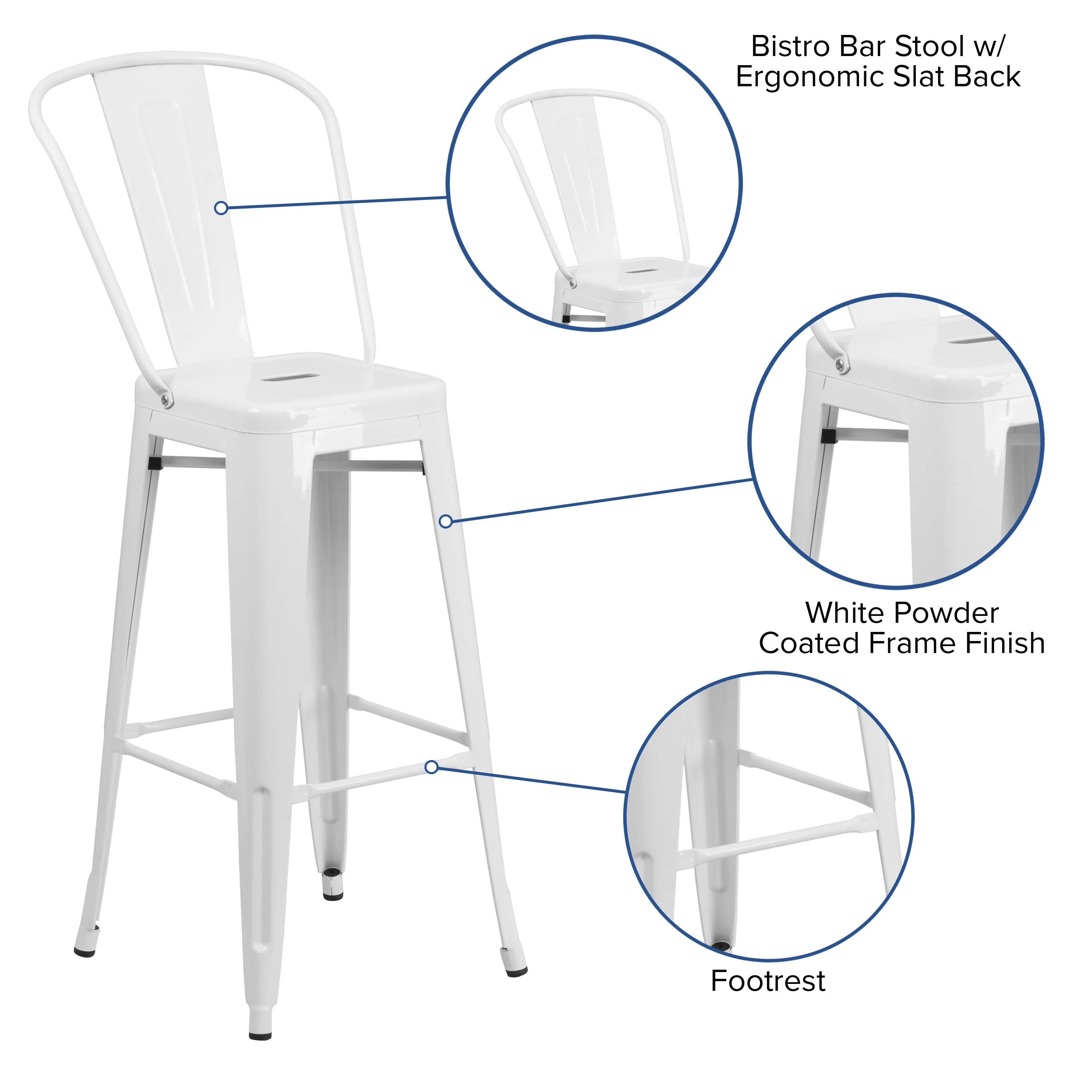 Commercial Grade 30" High Metal Indoor-Outdoor Barstool with Back